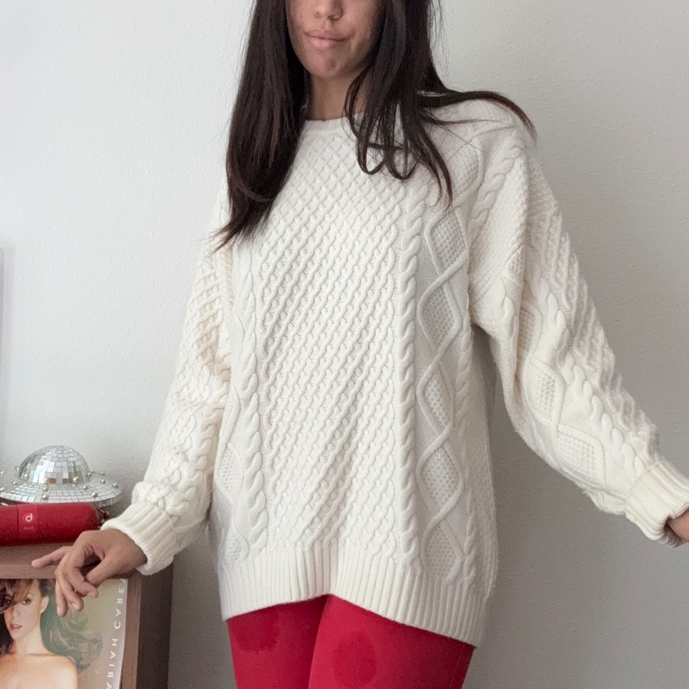Aritzia Sunday Best Cream Cable Knit Wool Blend Crew Neck Sweater Medium 100791